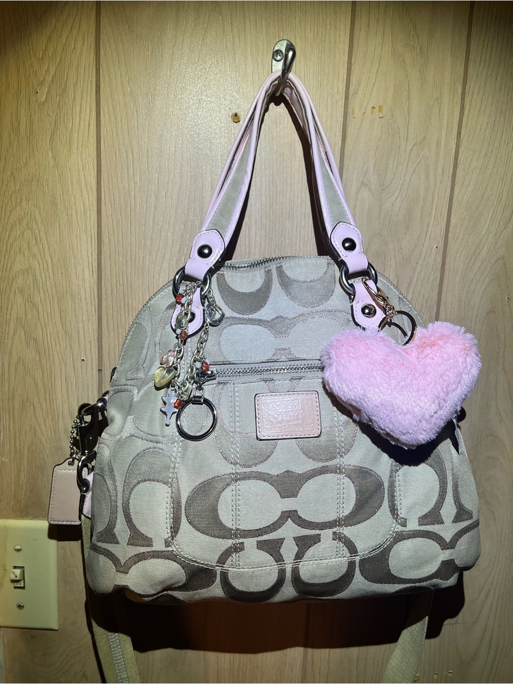 Coach Beige Signature Satchel with Pink Handles & Heart Charm